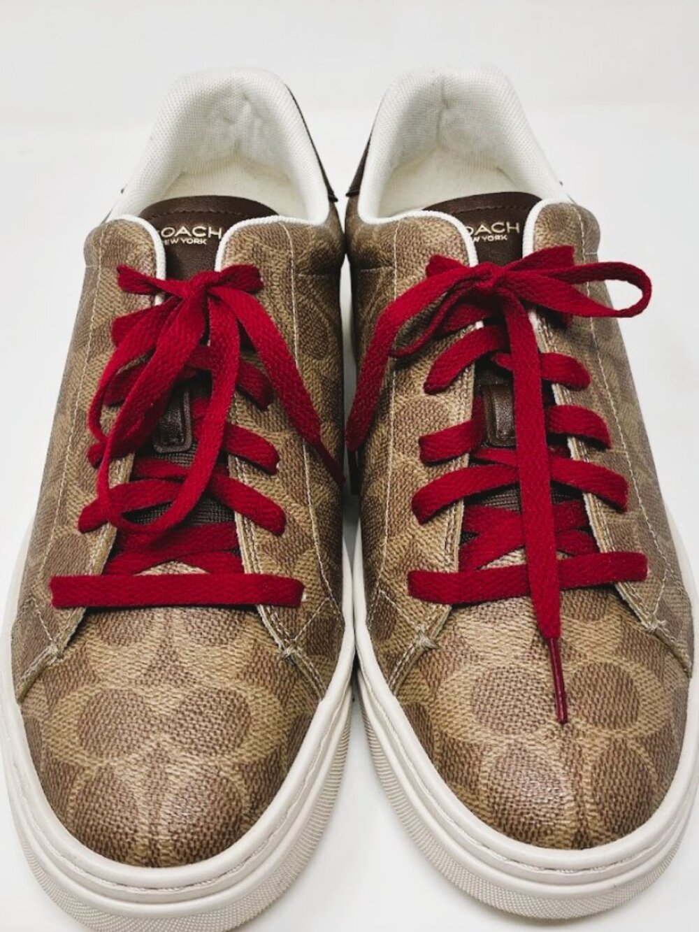 COACH High Line Signature Canvas Low Top Sneakers Brown Khaki Red Lace Women 10B